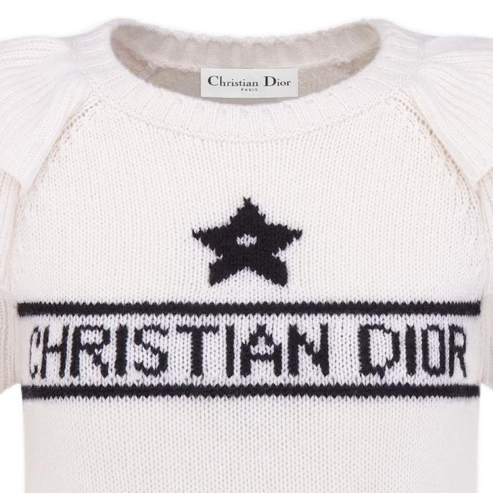 Cheap (W) DIOR Ivory Knit Top dengan Lengan Beropol dan Logo Jacquard Kontras. 324S13AM003-X0810