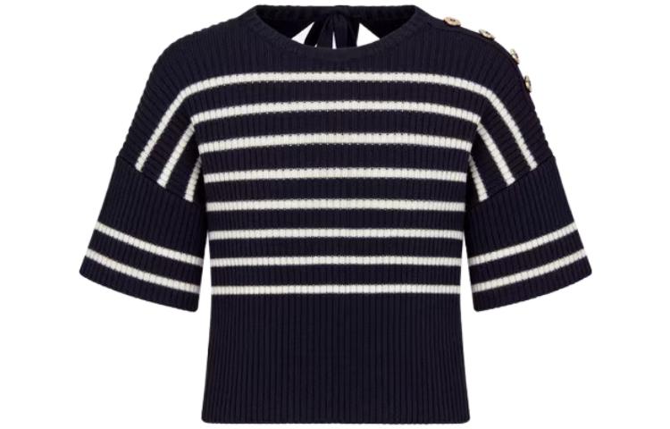 (Women) DIOR  Navy Blue Colorblock Striped Knit Short-Sleeve T-Shirt 344S02AM233-X5825