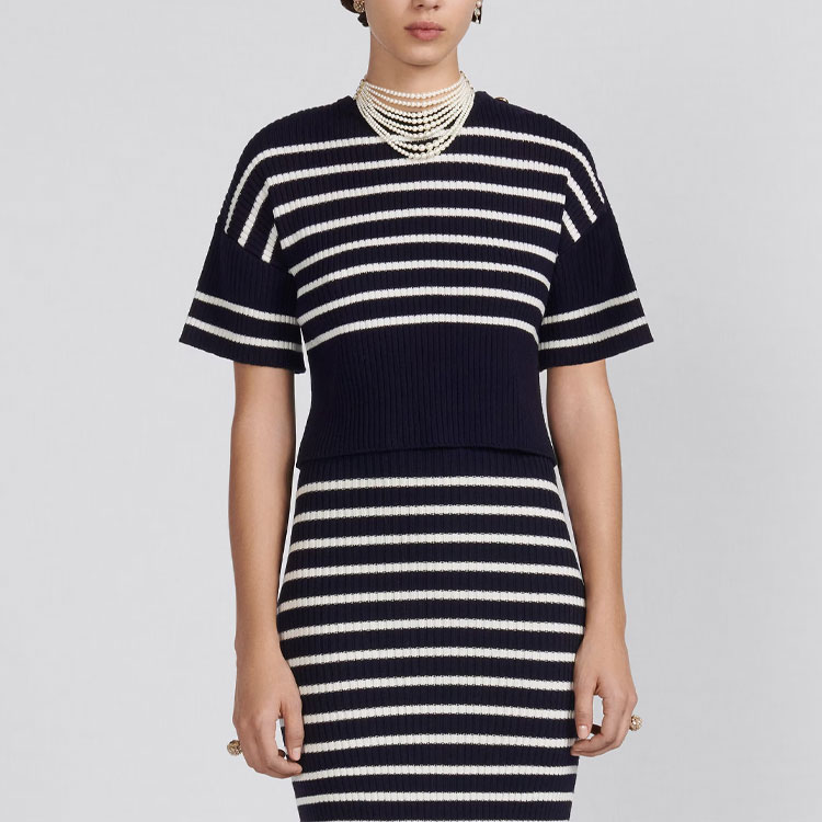 (Women) DIOR  Navy Blue Colorblock Striped Knit Short-Sleeve T-Shirt 344S02AM233-X5825 圖 4