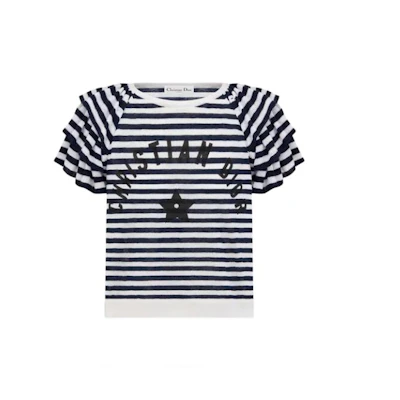 (Women) Dior Navy Blue Striped Embroidered Logo Crewneck Tee SS23. 324S13BM704-X0883