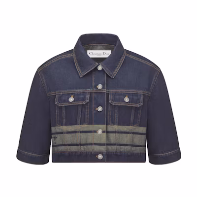 (Women) DIOR Short Denim Jacket Blue with Colorblock Letter Pattern. 342V22A3394-X5651