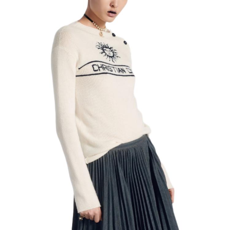 Shop (W) DIOR Sweater Putih Cashmere dengan Desain Huruf Inlay. 424S94BM054-X0853