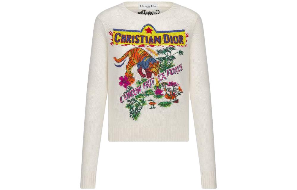 (Women) Dior  White Letter Print Crewneck Long Sleeve Knit Sweater 344S57TM152X0829