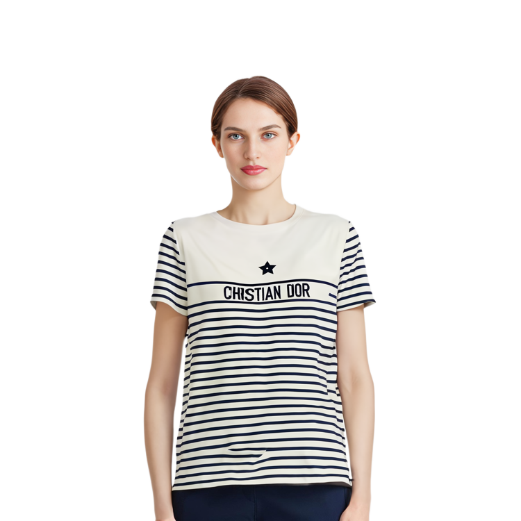 Shop (W) Camiseta DIOR Blanca con Rayas y Letras Estampadas. 243T31A4085-X0853