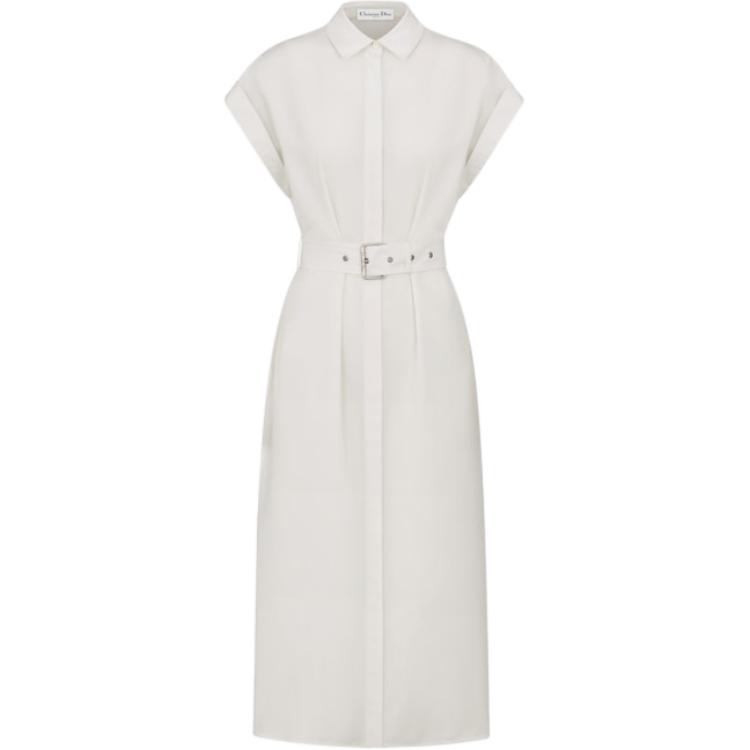 (Women) DIOR  White Short-Sleeve Maxi Dress with High Waist and Collar Design 441R68A3124X-0200