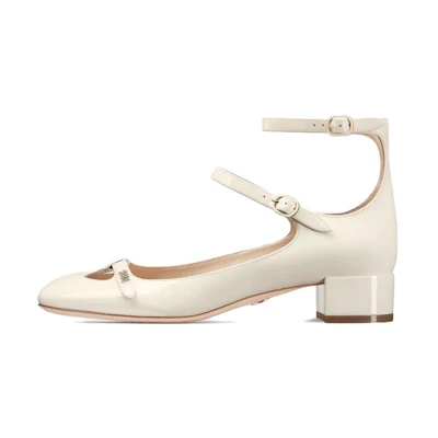 (W) Dior Aime Dior Patent Leather Buckle Round Toe Block Heel 'White'