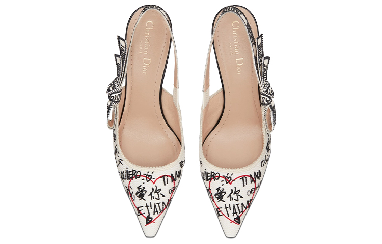 Shop Dior迪奧 amour 棉布 刺繡 細跟 高跟鞋 女款 米白色