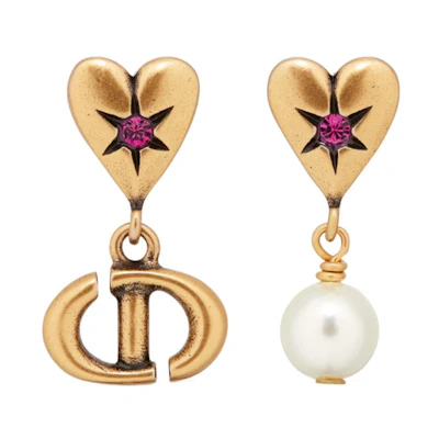 (Women) DIOR Asymmetric Gold Earrings with Metal, Faux Pearls, and Crystals for Women. E3330WOMCY