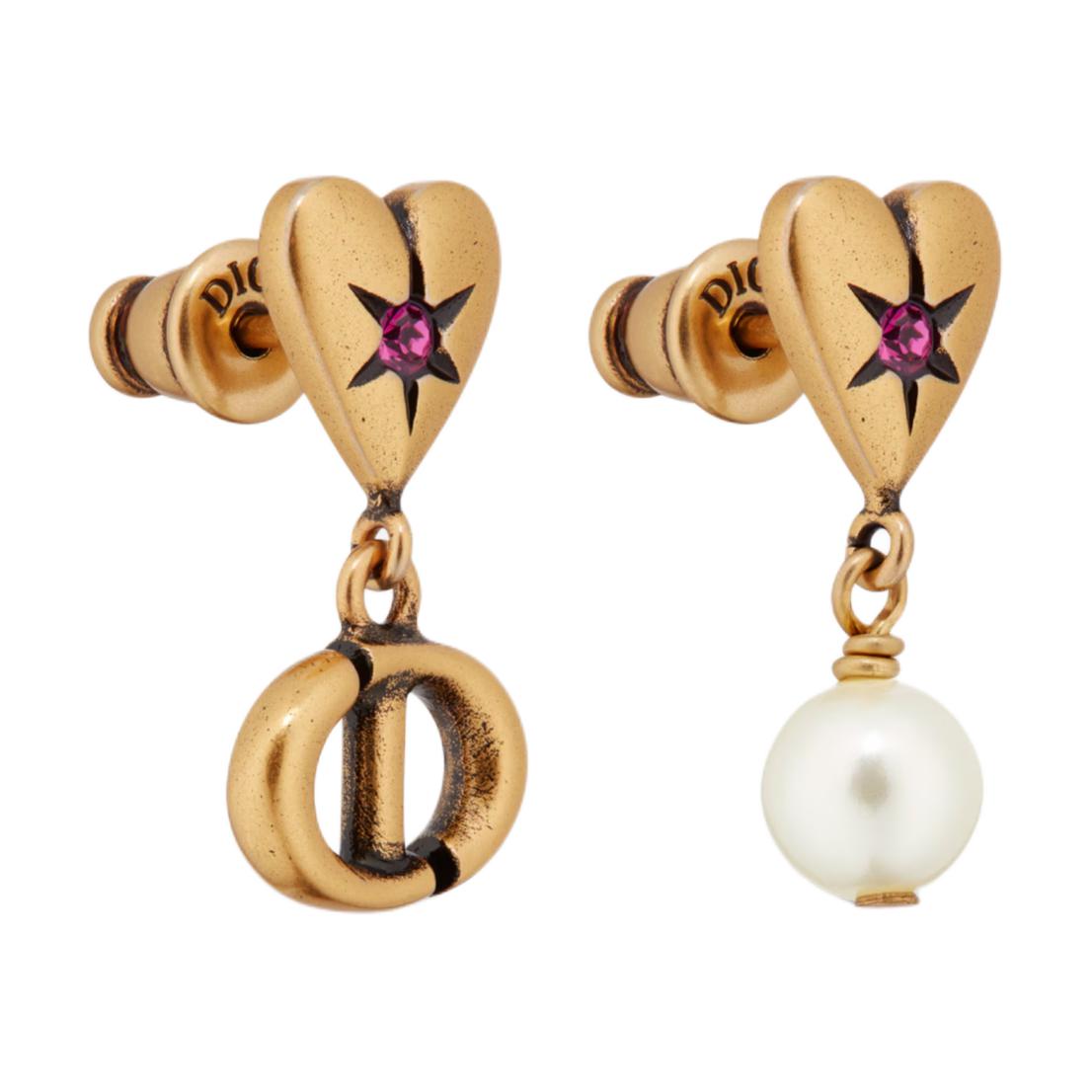 Lookbook (Women) DIOR Asymmetric Gold Earrings with Metal, Faux Pearls, and Crystals for Women. E3330WOMCY
