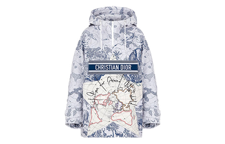 Order (W) DIOR Jaket Hoodie Biru Putih Motif Peta dengan Tali Serut 047C10A2863X-5882