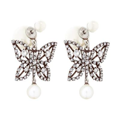 (Women) DIOR Butterfly Charm Earrings in Silver with Metal, Resin, Pearl, and Crystal. E2899WOMCY