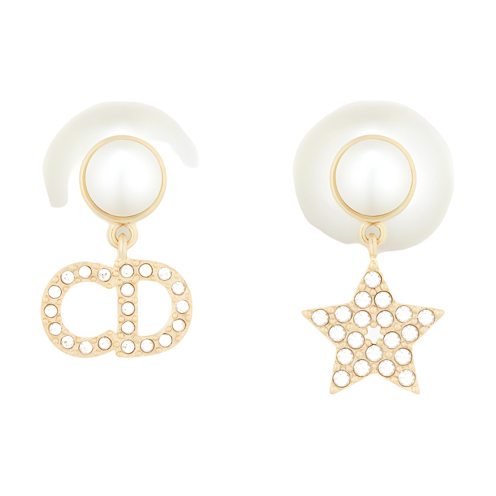 (Women) DIOR CD Asymmetric Star Charm Earrings White/Gold Metal Resin for Women E1038TRICY_D03S