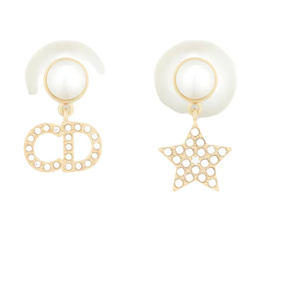 (Women) DIOR CD Asymmetric Star Charm Earrings White/Gold Metal Resin for Women E1038TRICY_D03S