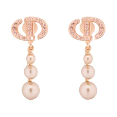 (Women) DIOR CD Logo Metal Resin Pearl Crystal Earrings - Pink. E3110WOMCYD12P