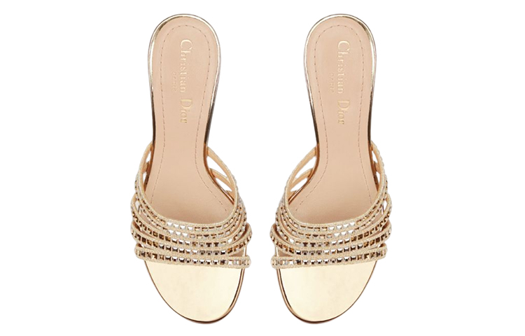 (W) Dior Cotton Cloth 'Gem Crystal Embellished' Sandals 'Gold' 圖 2