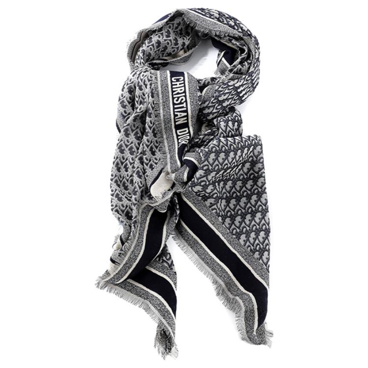 Shop (W) Dior D-Oblique 圖案羊毛絲棉混紡海軍藍圍巾 12DOB140I142-C540