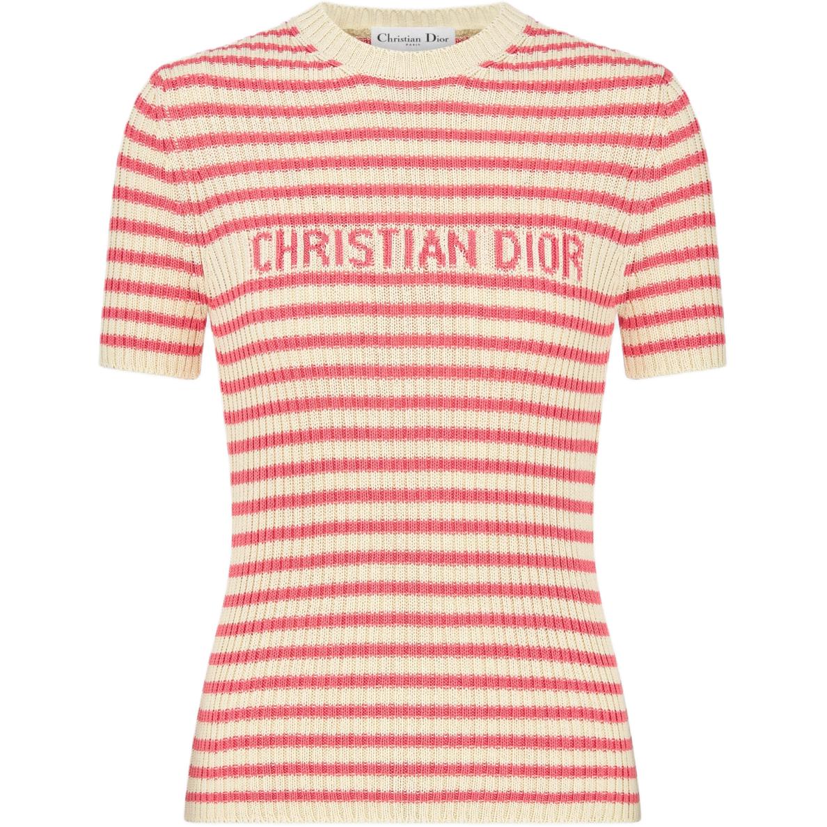 Order (Women) DIOR Dioriviera FW24  Candy Pink Logo Striped Knit Slim Fit Tee. 444S15AM779-X4844