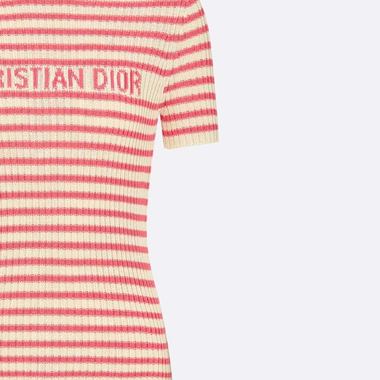 Sizing (Women) DIOR Dioriviera FW24  Candy Pink Logo Striped Knit Slim Fit Tee. 444S15AM779-X4844