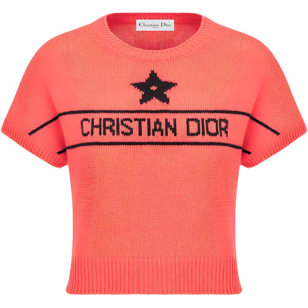 (Women) DIOR Dioriviera FW24  Coral Red Embroidered Knit Short Sleeve Top. 424S68AM054-X2824