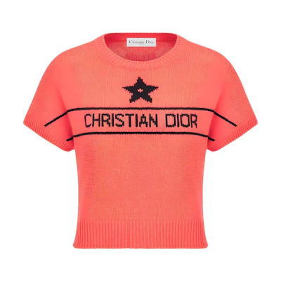(Women) DIOR Dioriviera FW24 Coral Red Embroidered Knit Short Sleeve Top. 424S68AM054-X2824