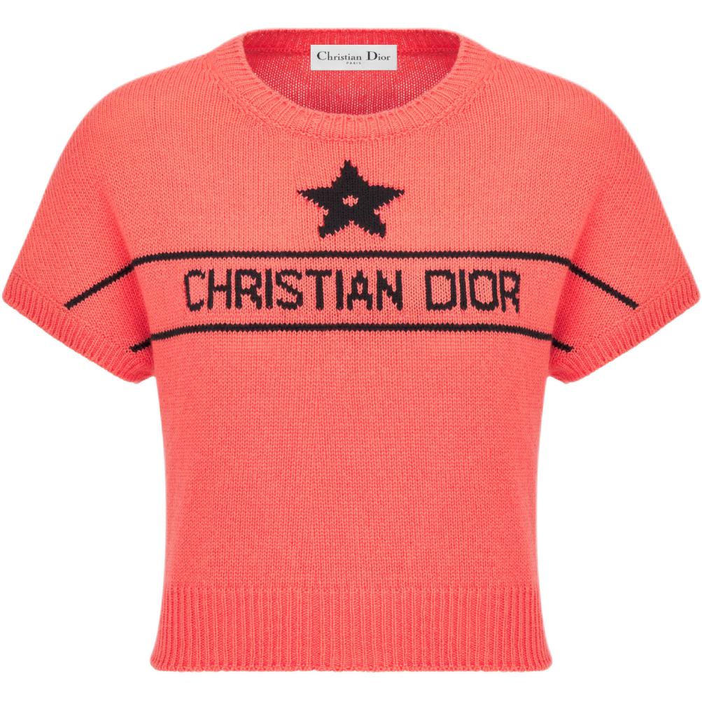 Order (W) 디올 디오리비에라 FW24 코랄 레드 자수 니트 반팔 탑. 424S68AM054-X2824