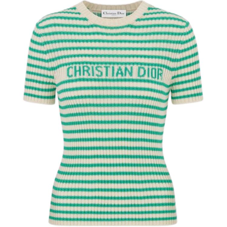 (Women) DIOR DIORIVIERA FW24 Striped Logo Slim Knit Short Sleeve Top Women Blue 444S15AM779-X6864