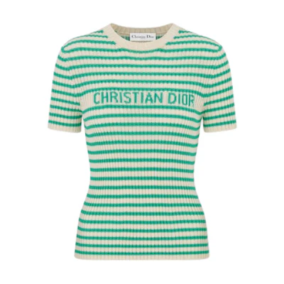 (Women) DIOR DIORIVIERA FW24 Striped Logo Slim Knit Short Sleeve Top Women Blue 444S15AM779-X6864