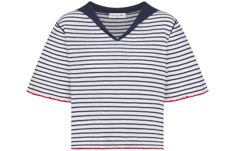 (Women) DIOR DIORIVIERA FW24 Striped V-Neck Slim Knit Top Navy Blue  Sweater. 444S67AM785-X5883