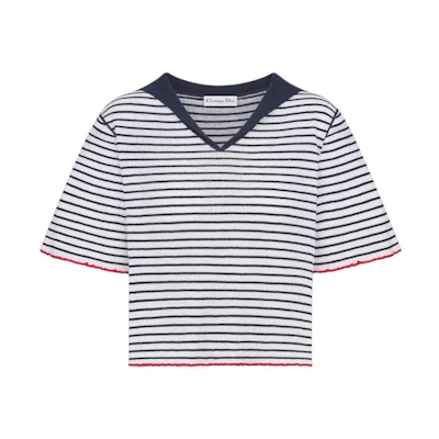 (Women) DIOR DIORIVIERA FW24 Striped V-Neck Slim Knit Top Navy Blue Sweater. 444S67AM785-X5883