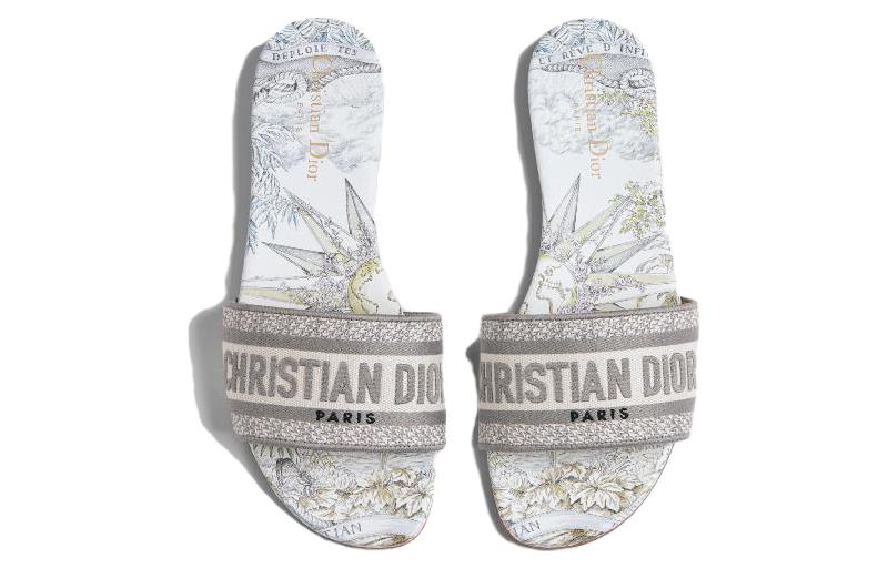 (W) Dior Dway Embroidered Cotton 'Logo Fashion' Slides 'White Grey' 圖 5