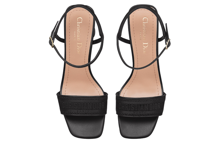 Shop (W) Dior Dway Sandal Tumit Tinggi Kulit Satin Sulaman 'Hitam' KDQ896ETL_S900