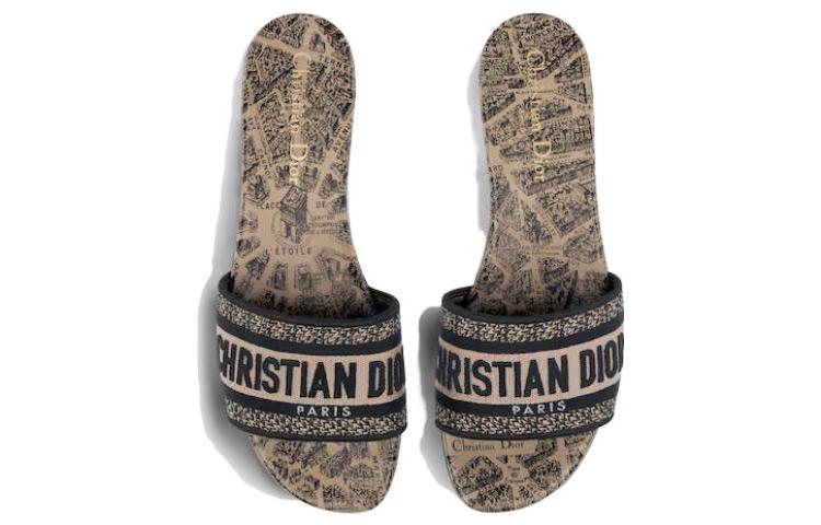 Shop DIOR 迪奧 Dway 布 潮流 一字拖鞋 女款 米黑