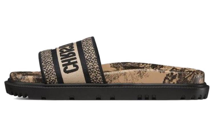 Buy DIOR迪奧 Dway 棉布 標識刺繡 茹伊印花 時尚涼拖 女款 黑棕色