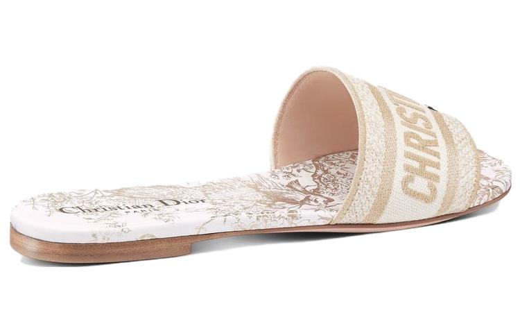 Shop DIOR迪奧 Dway 棉布 標誌刺繡 平底 時尚拖鞋 女款 白色
