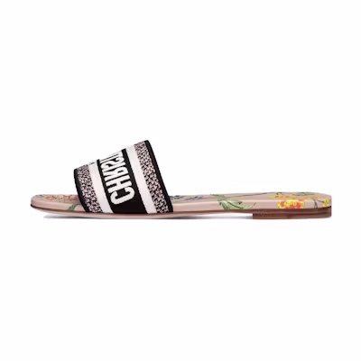 (W) Dior Dway Slide Powder Pink Multicolor Embroidered Cotton