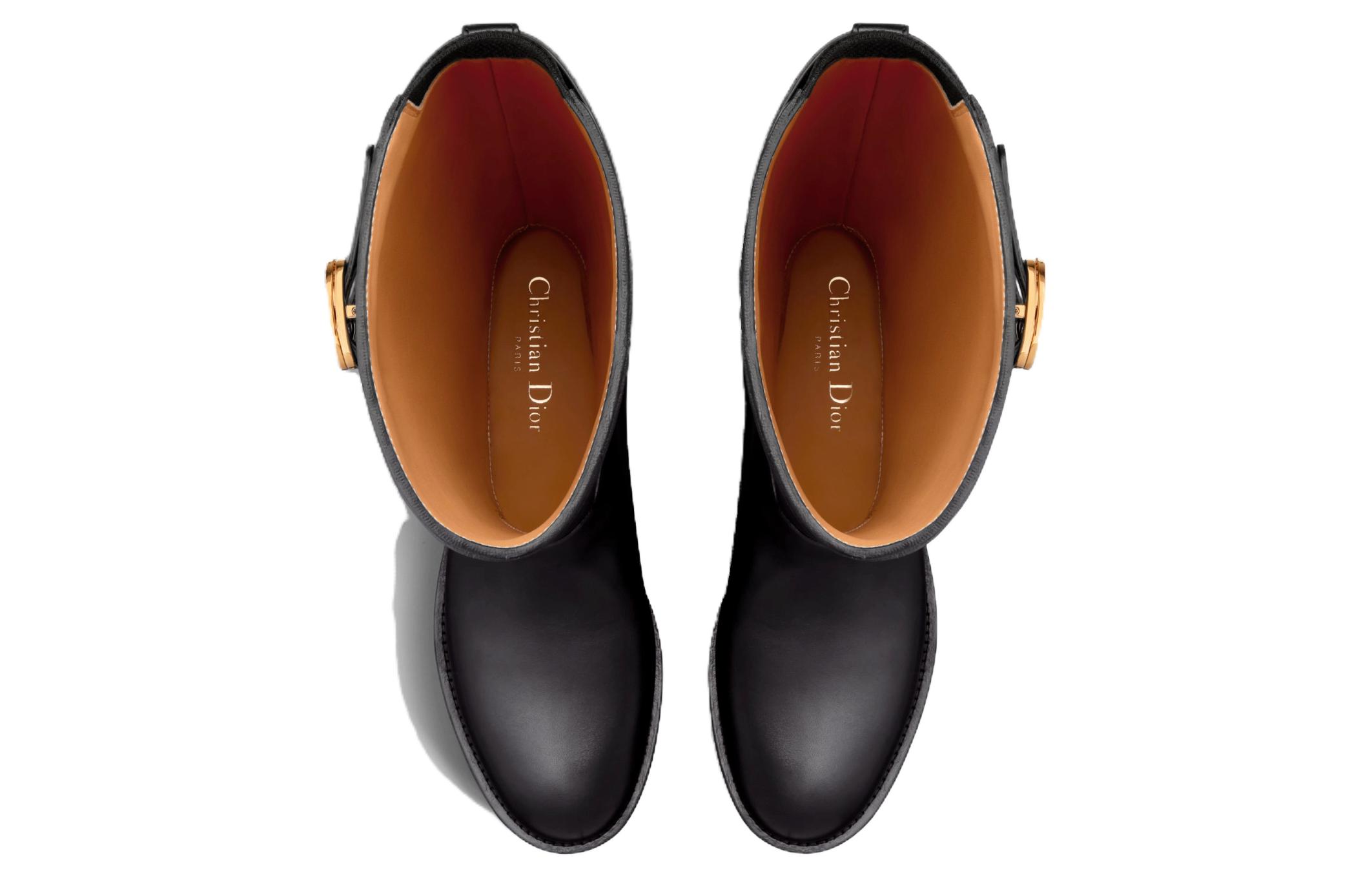 Shop DIOR迪奧 Empreinte 皮革 圓頭粗跟套筒 高筒靴 女款 黑色