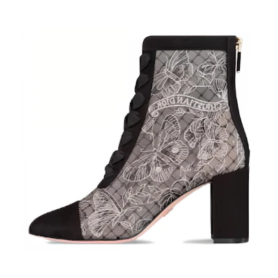 (W) Dior Fabric Square Toe Lace-Up Chunky Heel Ankle Boot 8cm 'Grey'
