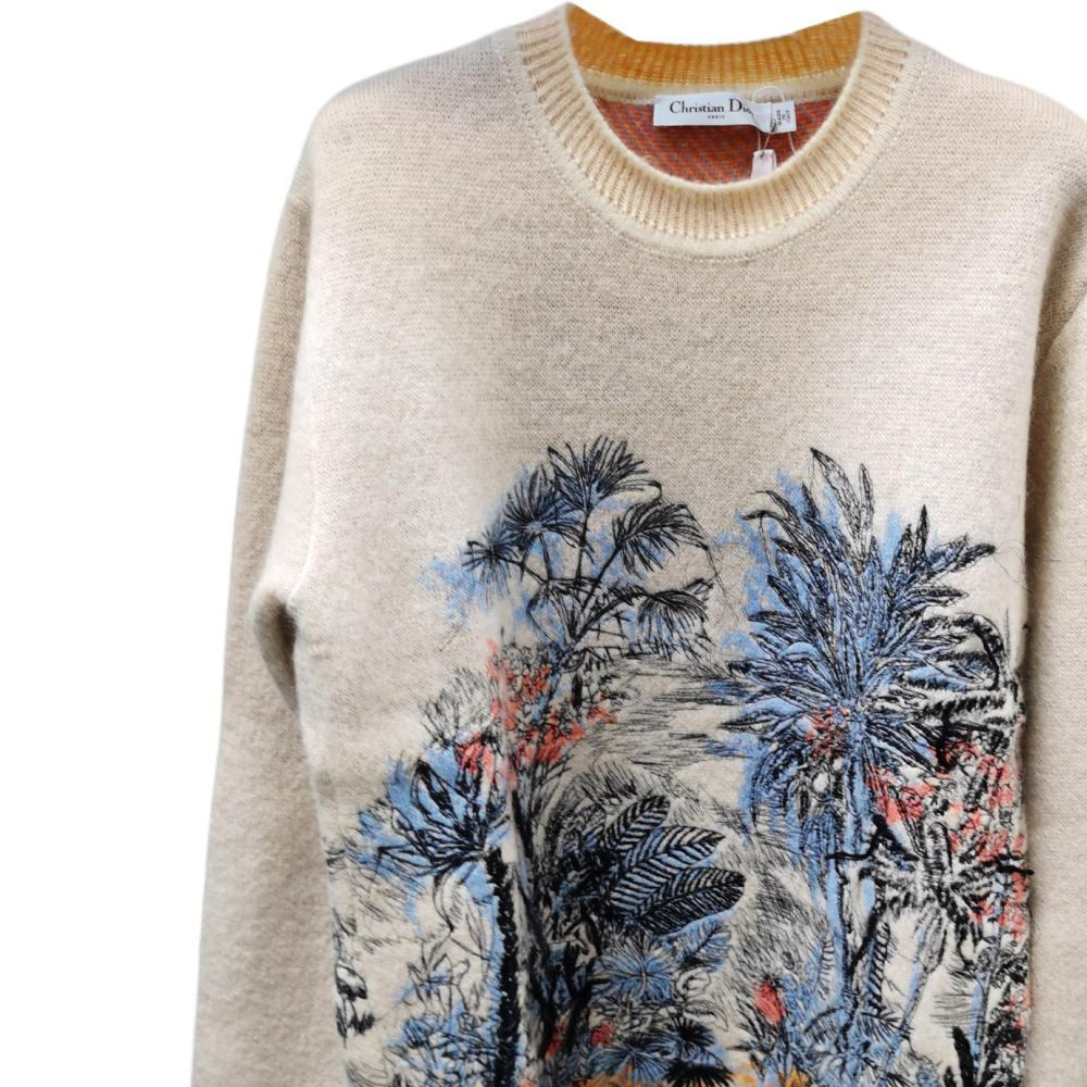 Shop (W) DIOR Sweater Crewneck Bunga Bordir Off-White 954S89AM412-0011