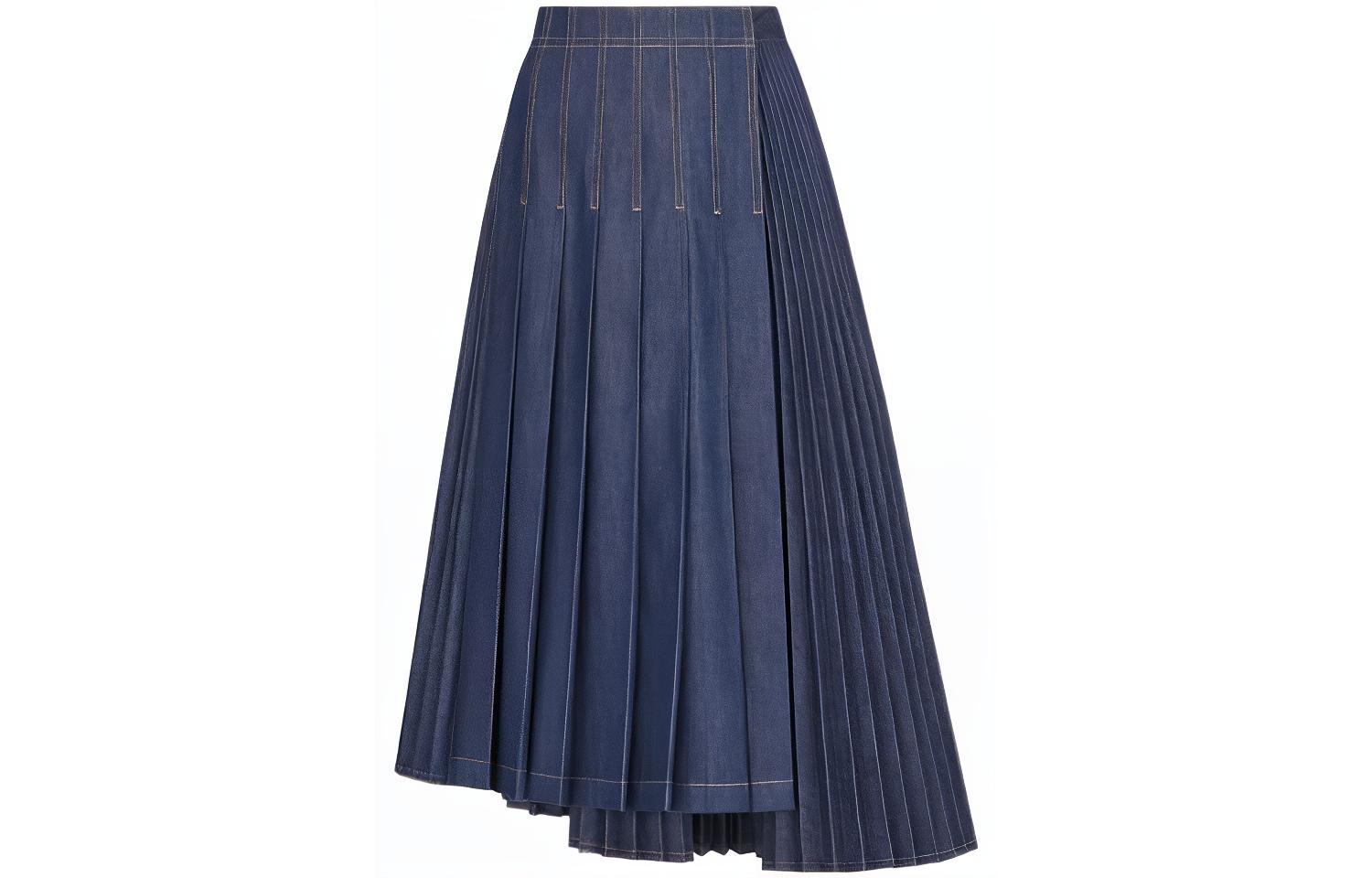 (Women) DIOR FW22  Asymmetric Pleated Denim Midi Skirt Blue 252J19A3573-X5670