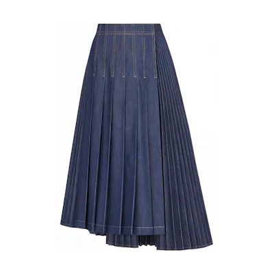 (Women) DIOR FW22 Asymmetric Pleated Denim Midi Skirt Blue 252J19A3573-X5670