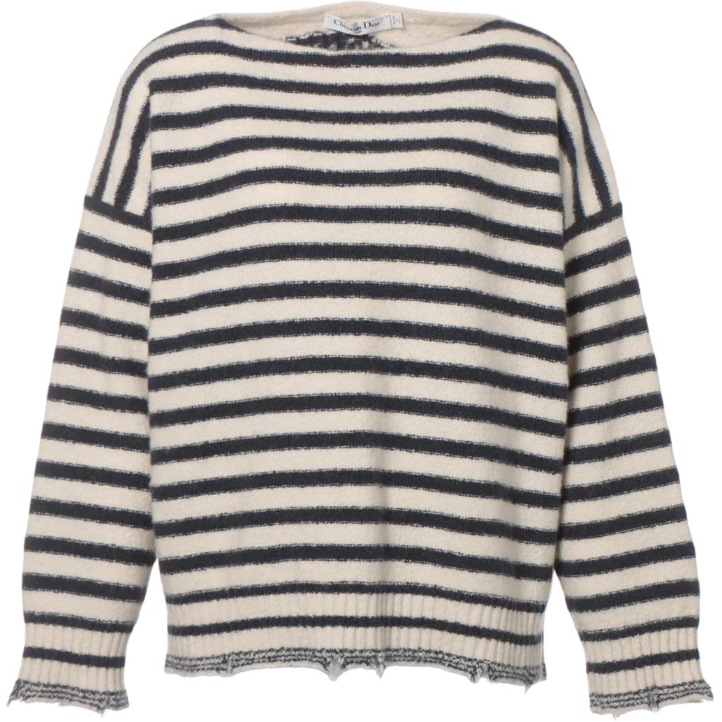 (Women) DIOR FW22  Beige Striped Logo Knit Cashmere Long-Sleeve Sweater. 314S29AM412-X0825