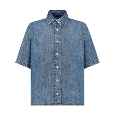 (Women) DIOR FW22 Blue Denim Short Sleeve Shirt with Tiger Print Back Design 252B26Y3584-X5887