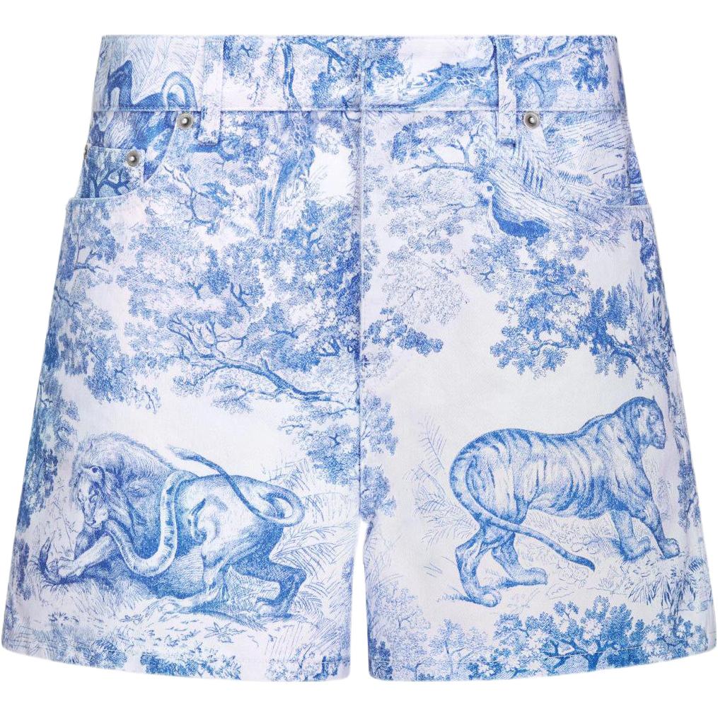 (Women) DIOR FW22  Blue Denim Shorts with Toile de Jouy Animal Print. 242P26A3526-X5881