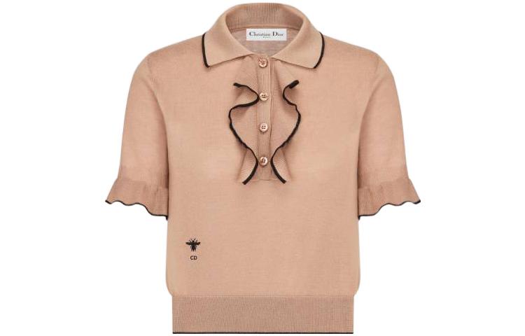 (Women) DIOR FW22  Colorblock Ruffle Polo Cashmere Knit Shirt Pink/Brown. 314S52AM102-X4880