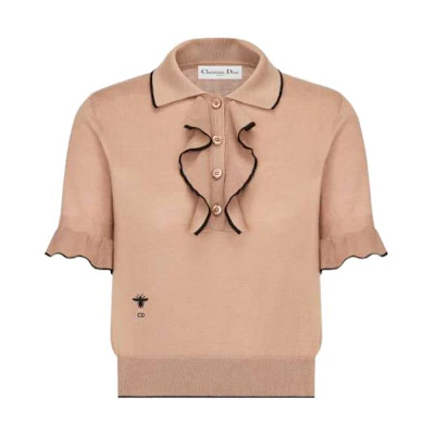 (Women) DIOR FW22 Colorblock Ruffle Polo Cashmere Knit Shirt Pink/Brown. 314S52AM102-X4880