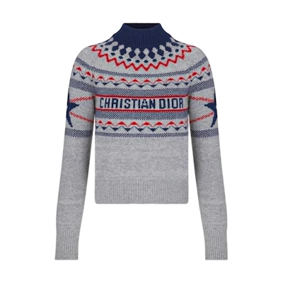 (Women) DIOR FW22 Gray Logo Geometric High-Neck Striped Wool Sweater. 144S60BM134_X8878