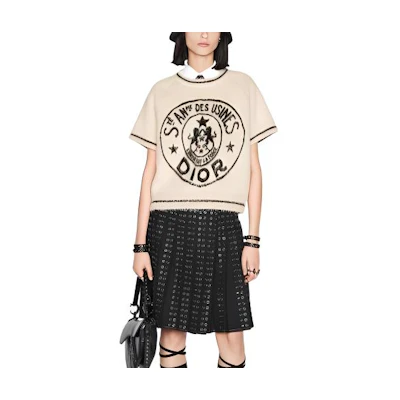 (Women) DIOR FW22 Jacquard Knit Wool-Cashmere Short Sleeve Sweater Off-White 244S41AM410-X0811