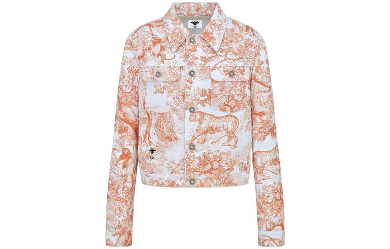 (Women) DIOR FW22  Orange Animal Print Button-Up Denim Jacket. 242V11A3526-X2825