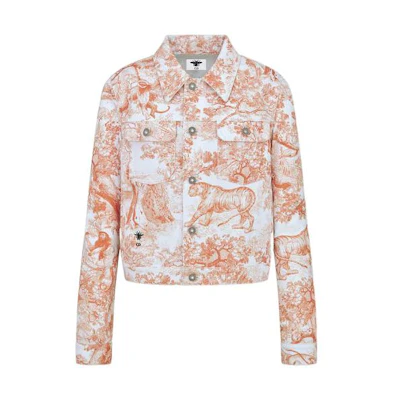 (Women) DIOR FW22 Orange Animal Print Button-Up Denim Jacket. 242V11A3526-X2825