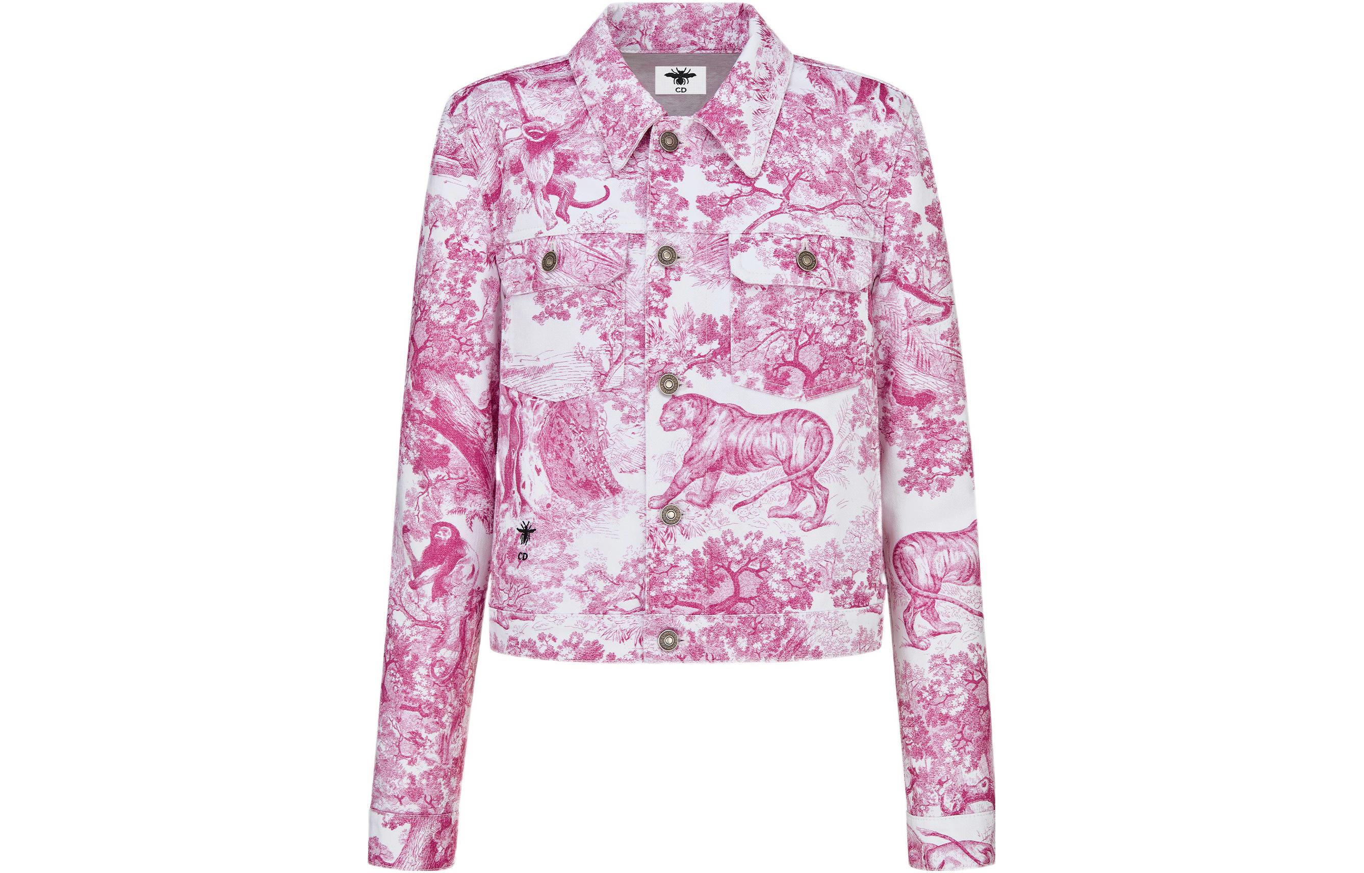 (Women) DIOR FW22  Pink Denim Jacket with Animal Print and Chest Pocket. 242V11A3526-X4855